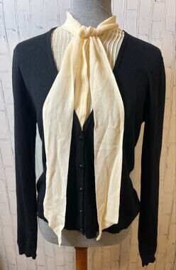 Lauren Ralph Lauren L Silk Cashmere Cardigan Tie Neck Blouse Black Cream
